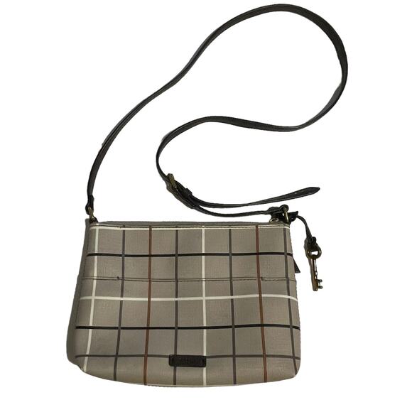 Fossil Gray Plaid Fiona Crossbody Bag Womens Window Pane Print Purse Handbag - Picture 1 of 12